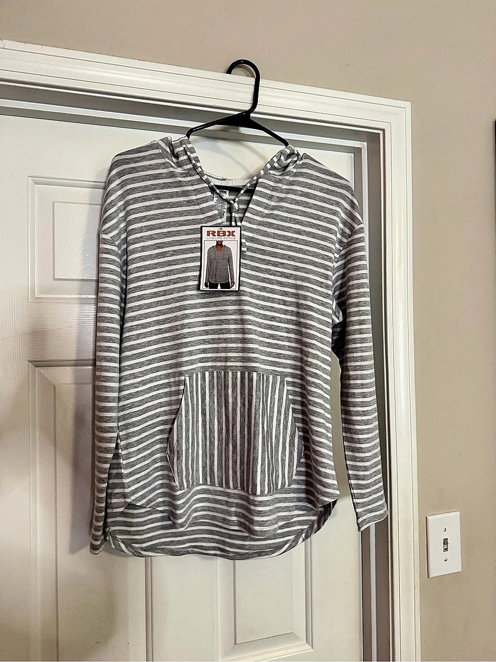 RBX Active Striped Long Sleeve Hoodie Gray & White Small
